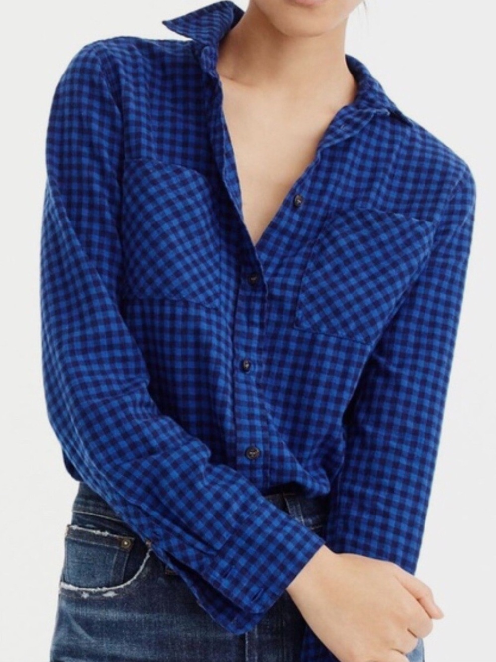 J Crew Women’s 2 Boyfriend Navy Buffalo Check Flannel Button Down Shirt